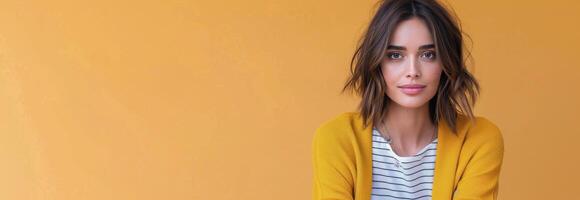 Woman in Yellow Sweater Against Orange Background photo