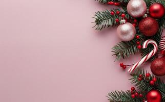 Red Ornaments and Candy Cane on Green Background photo
