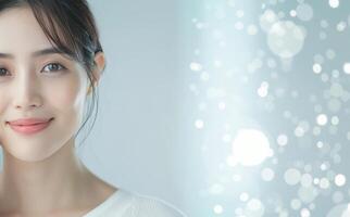 Woman Smiling Against Light Blue Background photo