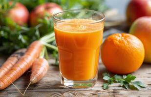 Glass of Orange and Carrot Juice With Mint Garnish photo