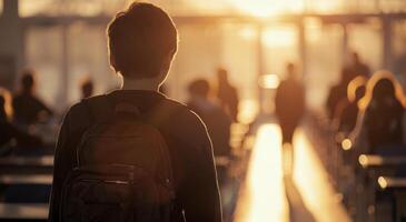 Student Leaving Classroom at Sunset photo