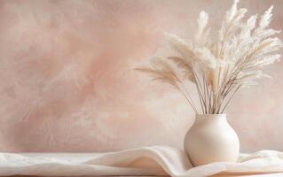 White Vase With Dried Flowers on Beige Fabric photo