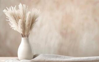 White Vase With Dried Flowers on Beige Fabric photo