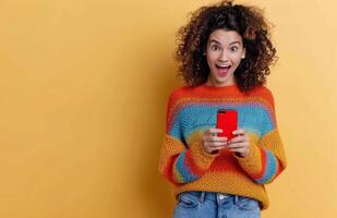 Excited Woman Looking At Phone photo