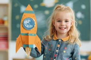 Smiling Girl Holding Rocket Toy in Classroom photo