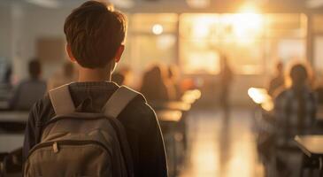 Student Leaving Classroom at Sunset photo
