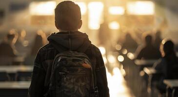 Student Leaving Classroom at Sunset photo