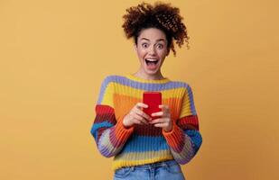Excited Woman Looking At Phone photo