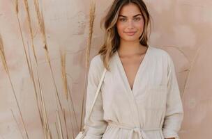 Woman in White Dress Against Beige Wall photo
