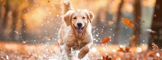 Golden Retriever Running Through Autumn Leaves photo