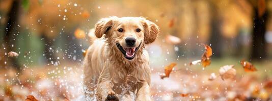 Golden Retriever Running Through Autumn Leaves photo