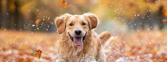 Golden Retriever Running Through Autumn Leaves photo