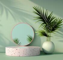 Pink Round Mirror on Terrazzo Platform photo