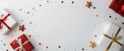 White Background With Gifts and Stars photo