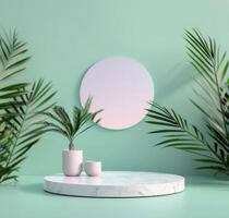 Pink Round Mirror on Terrazzo Platform photo