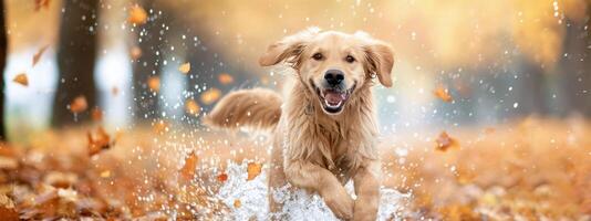 Golden Retriever Running Through Autumn Leaves photo