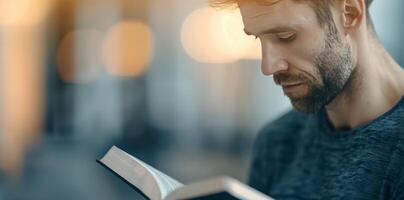 Man Reading Book Indoors photo