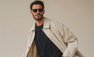 Man Wearing Sunglasses and Brown Coat photo
