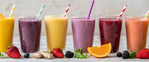 Colorful Smoothies With Fruit Garnish photo