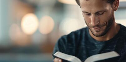 Man Reading Book Indoors photo