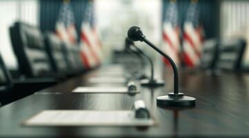 Two Microphones on Podium in Legislative Chamber photo