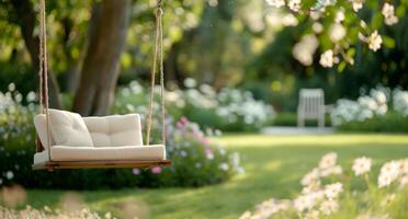 Wooden Swing In A Lush Garden photo