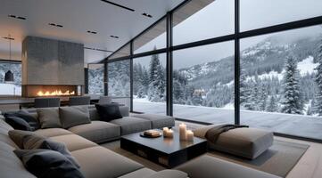 Modern Living Room With Fireplace And Winter View photo