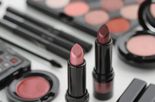 Makeup Palette and Brushes on White Background photo