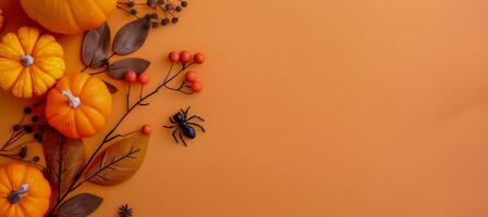 Autumnal Pumpkins and Leaves on Orange Background photo