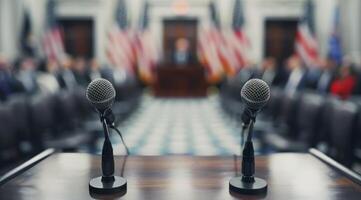 Two Microphones on Podium in Legislative Chamber photo