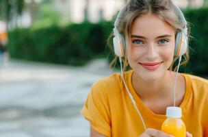 Woman Drinking Juice While Listening to Music photo