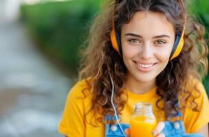 Woman Drinking Juice While Listening to Music photo