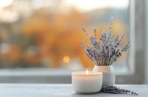 Cozy Candles and Lavender on a Rainy Day photo