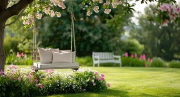 Wooden Swing In A Lush Garden photo