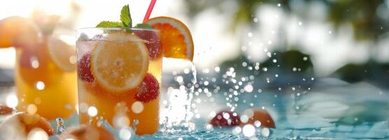Refreshing Summer Drink Splashing In Pool photo