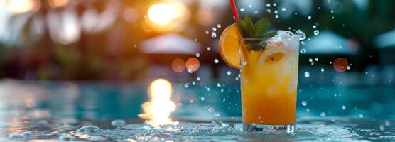 Refreshing Summer Drink Splashing In Pool photo