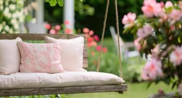Wooden Swing In A Lush Garden photo