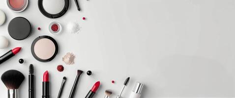 Makeup Products And Brushes On A White Background photo