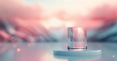 Glass on a Platform With Pink and Blue Background photo