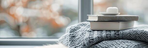 Cozy Windowside Books and Blanket photo