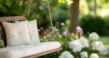 Wooden Swing In A Lush Garden photo