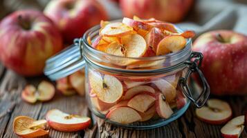 Glass Jar With Sliced Apples on Wooden Table photo