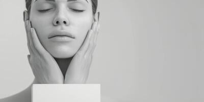 Woman With Eyes Closed, Holding Face, Studio Portrait photo