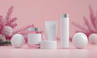 Skincare Products on Pink Background With Ornamental Plants photo