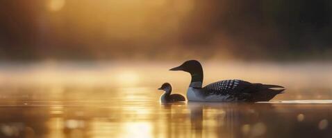 Loon And Chick On Lake At Sunrise photo