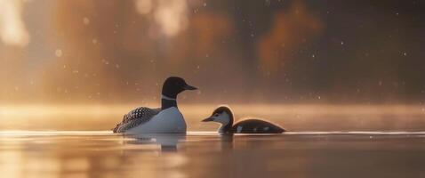 Loon And Chick On Lake At Sunrise photo