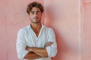 Man Standing With Arms Crossed in Front of Pink Wall photo