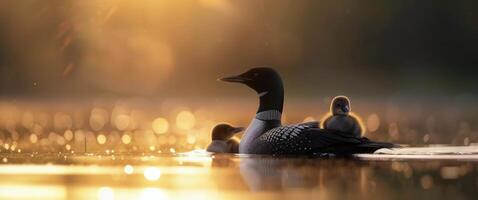 Loon And Chick On Lake At Sunrise photo