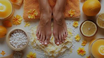 Womans Bare Feet With Salt and Rosemary photo