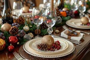 Elegant Christmas Dinner Table With Silver and Gold Decorations photo